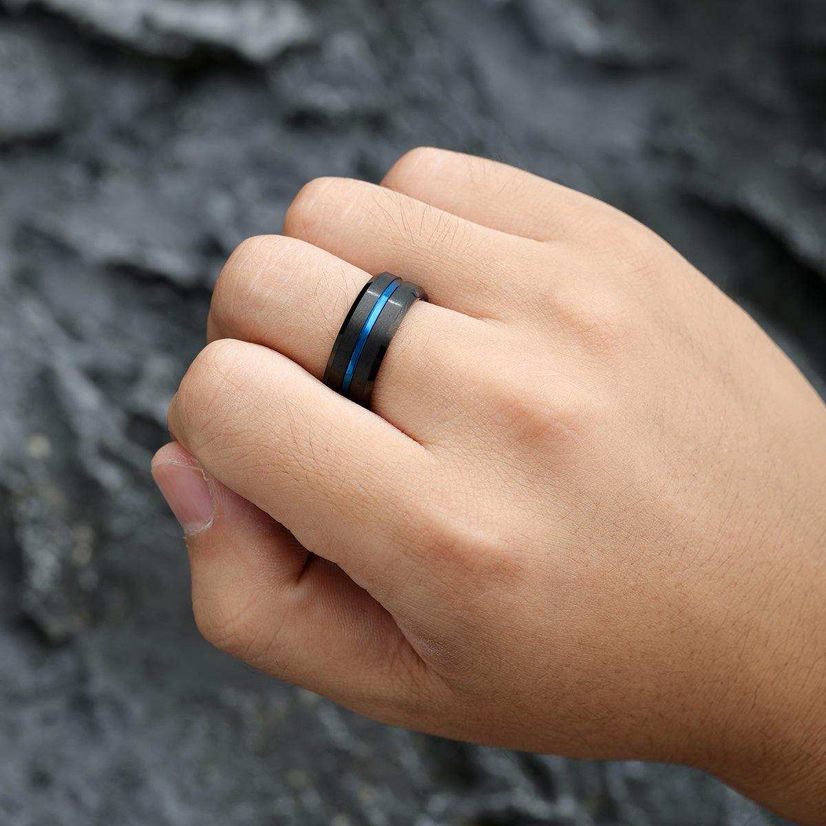 Blue Grooved Black Matte Band - Nikoghos Jewelry