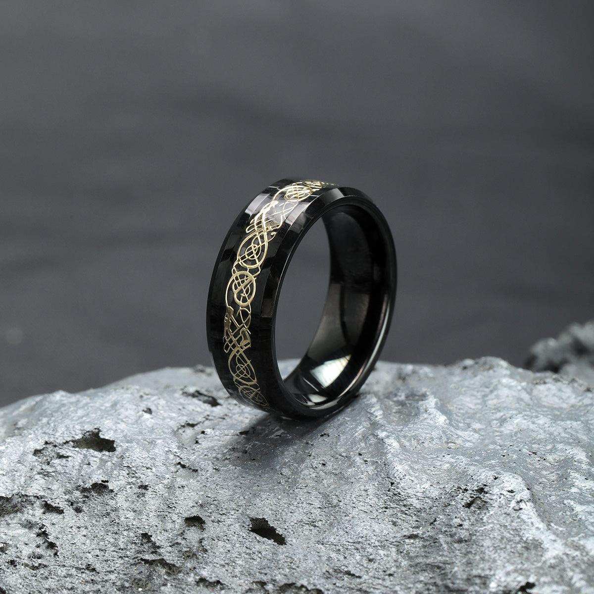 Dragon Inlay Tungsten Statement Ring - Nikoghos Jewelry