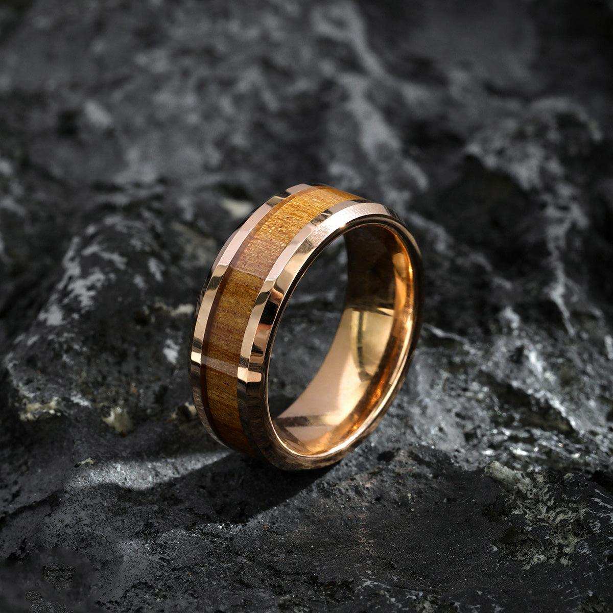 Koa Wood Rose Gold Promise Ring - Nikoghos Jewelry