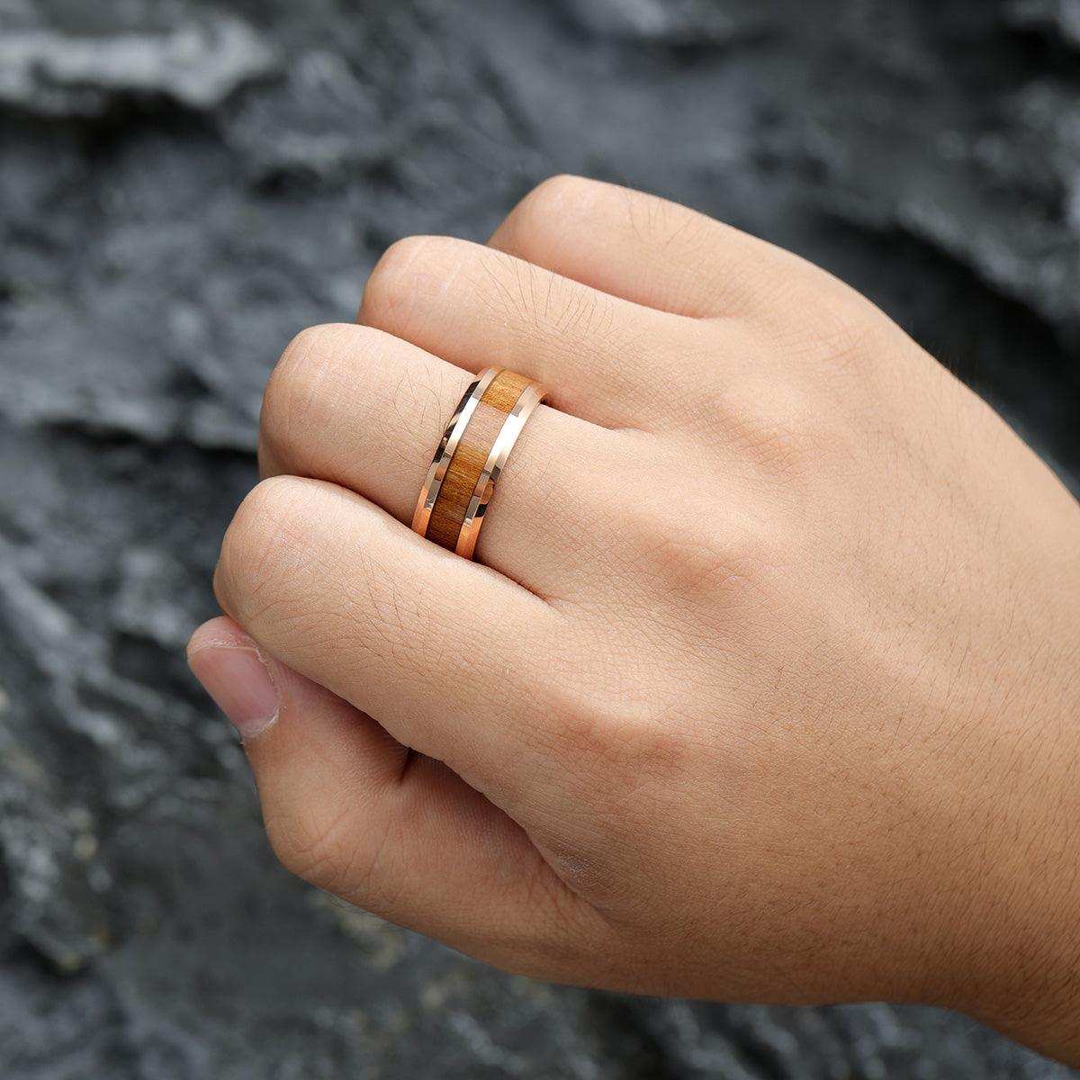 Koa Wood Rose Gold Promise Ring - Nikoghos Jewelry