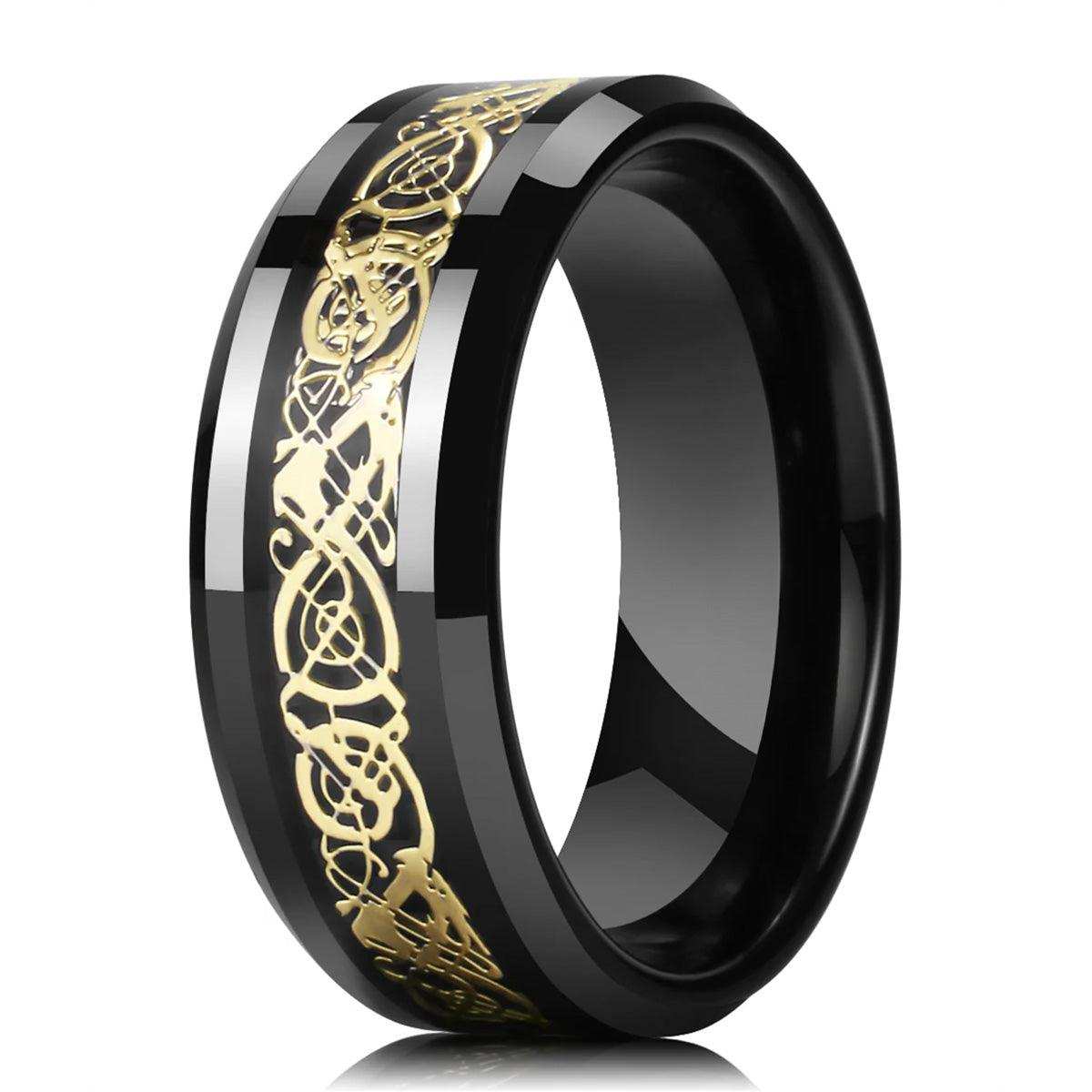 Dragon Inlay Tungsten Statement Ring - Nikoghos Jewelry